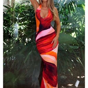 White Fox Boutique Vibrant Red and Pink Maxi Dress